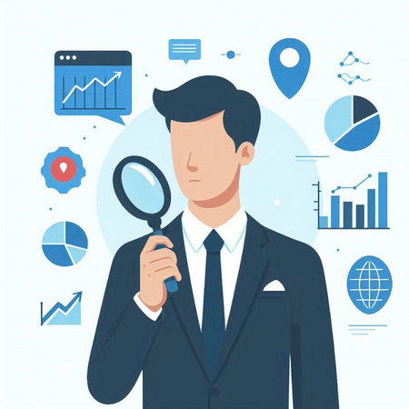 Businessman looking through a magnifying glass at business charts and graphs. Vector illustrationのイラスト素材