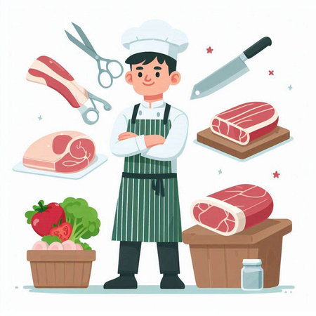 Butcher character in apron with meat and vegetables. Vector illustration in cartoon style.のイラスト素材