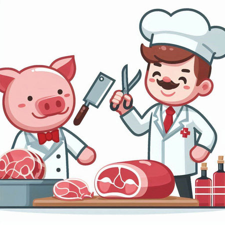 Chef and pig with meat. Vector illustration of a cartoon character.のイラスト素材