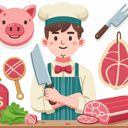 Vector illustration of a chef cutting meat with a knife in the kitchenのイラスト素材