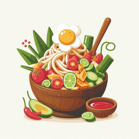 Illustration of a bowl of noodle soup with egg and vegetablesのイラスト素材
