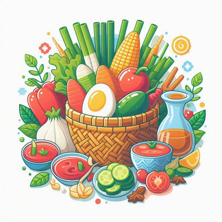 Vector illustration of a basket full of fresh organic vegetables and fruits.のイラスト素材