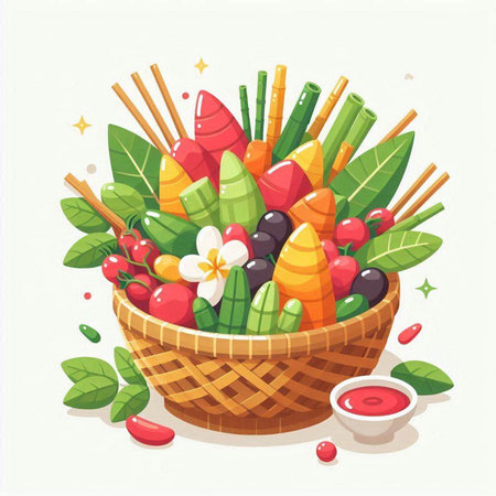 Illustration of a basket with vegetables and sauce. Vector illustration.のイラスト素材