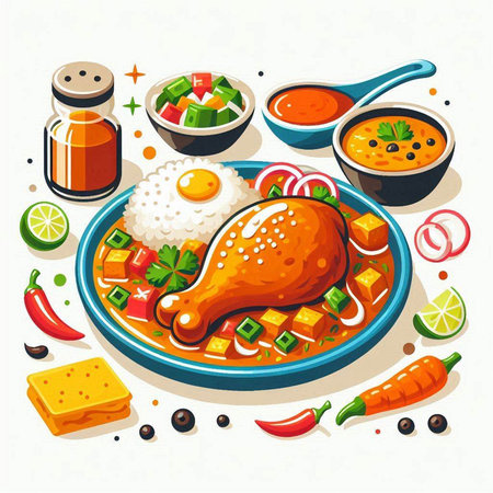 Vector illustration of a plate with chicken, rice, vegetables, sauce, herbs and spices.のイラスト素材