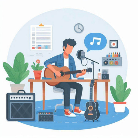 Musician playing guitar and singing at home, flat vector illustration.のイラスト素材