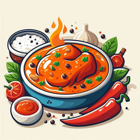 Tomato sauce in a bowl with spices and herbs. Vector illustration.のイラスト素材