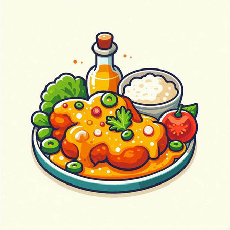 Illustration of a plate of chicken fillet with tomato sauce and vegetablesのイラスト素材