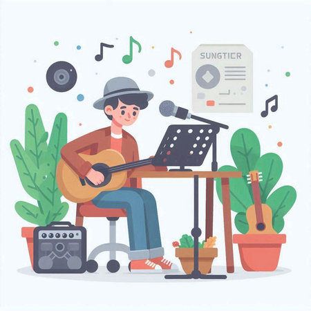 Musician man playing guitar and singing song. Flat style vector illustration.のイラスト素材