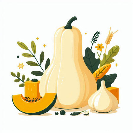 Pumpkin, garlic, herbs and leaves. Vector illustration.のイラスト素材