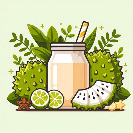 Jar of smoothie with fresh fruit and leaves. Vector illustration.のイラスト素材