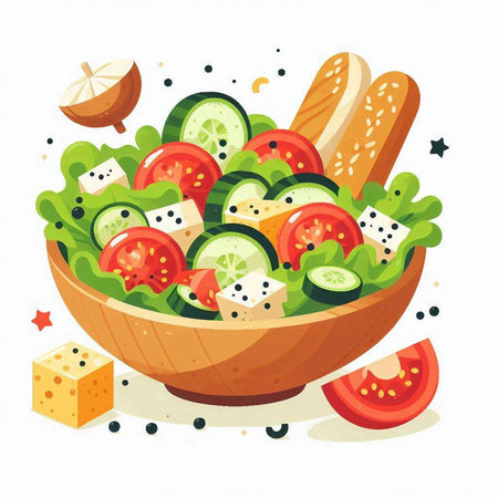Vegetable salad in wooden bowl. Healthy food vector illustration.のイラスト素材