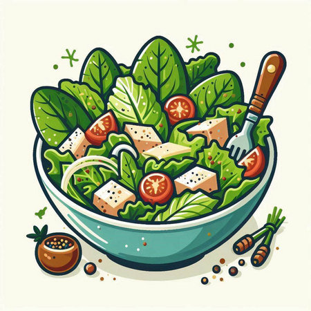 Salad with cheese and vegetables in a bowl. Vector illustration.のイラスト素材