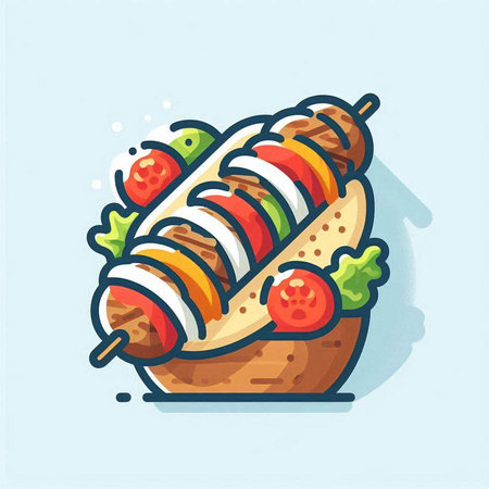 Illustration of grilled kebab with vegetables. Vector illustration.のイラスト素材