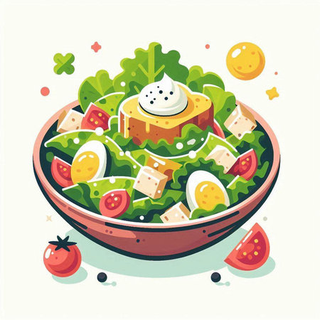 Salad with cheese, tomato and lettuce in bowl. Vector illustrationのイラスト素材