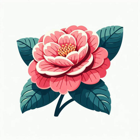 Camellia flower with leaves. Vector illustration in flat style.のイラスト素材