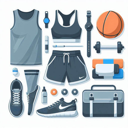 Set of sport and fitness equipment. Vector illustration in flat style.のイラスト素材