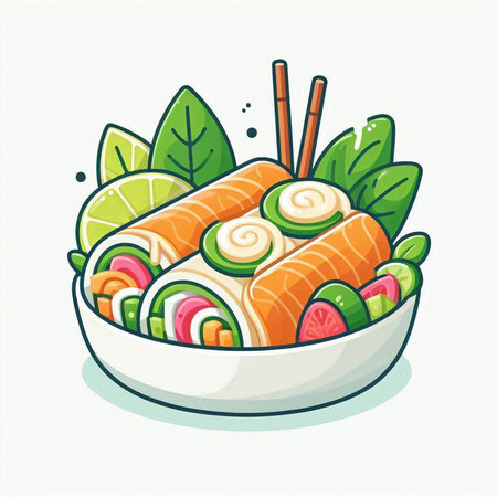 Salmon roll with vegetables in bowl isolated on white background. Vector illustration.のイラスト素材