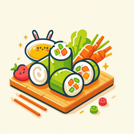 Vector illustration of japanese food. Sushi roll with fish and vegetables.のイラスト素材