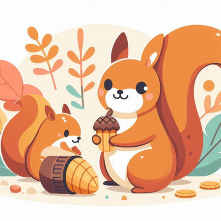 Cute squirrel with nut and acorn. Vector cartoon illustration.のイラスト素材