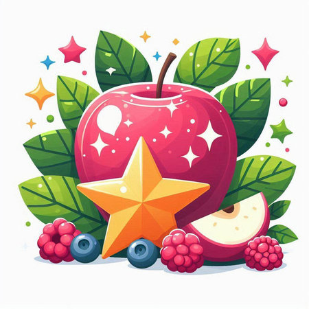 Cartoon vector illustration of fresh juicy red apple with star and berries.のイラスト素材