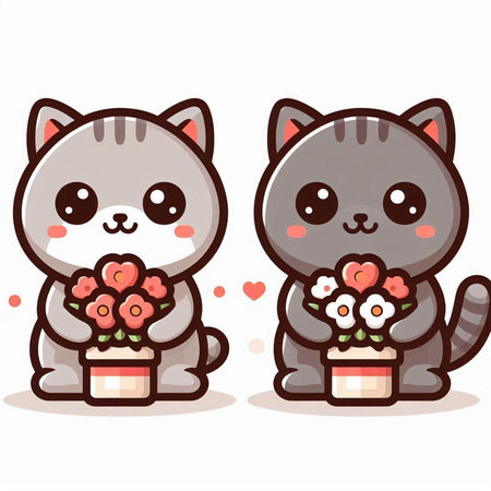 Cute couple of cats with a bouquet of flowers. Vector illustration.のイラスト素材