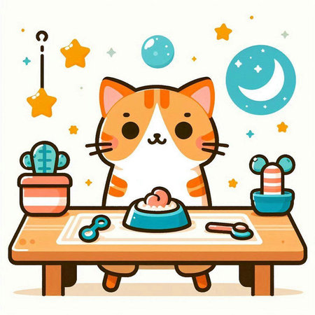 Cute cartoon cat sitting at table and eating food. Vector illustration.のイラスト素材