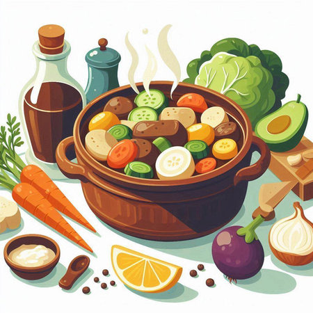 Vegetable stew in a wooden pot with ingredients. Vector illustration.のイラスト素材