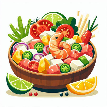 Salad with shrimps and vegetables in bowl. Vector illustration.のイラスト素材