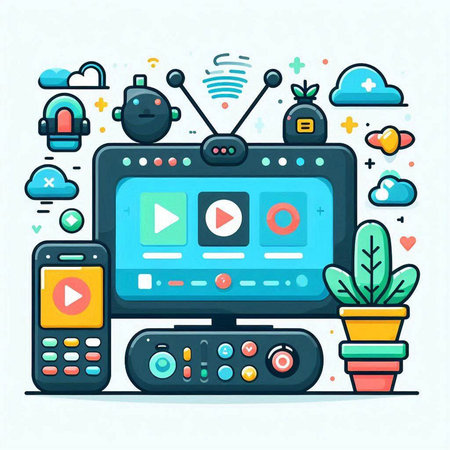Modern flat design vector illustration concept of digital technology and entertainment. Cute cartoon style design for web, site, advertising, banner, poster, board and print.のイラスト素材