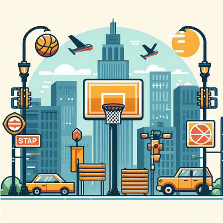 Basketball court in flat style. Vector illustration. City landscape.のイラスト素材