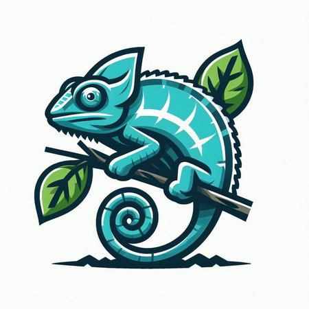 Cartoon chameleon on a branch with leaves. Vector illustration.のイラスト素材