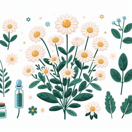 chamomile flowers and baby bottle. Hand drawn vector illustration.のイラスト素材