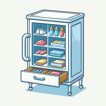 Illustration of a cupboard with clothes and accessories on a white backgroundのイラスト素材