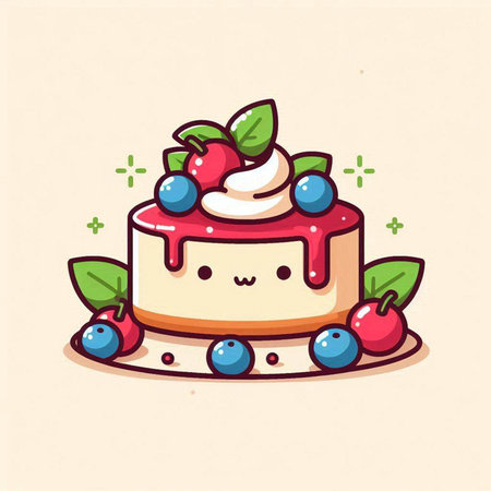 Cute cartoon cake with berries and whipped cream. Vector illustration.のイラスト素材