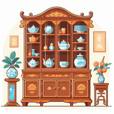 Vintage cupboard with books and vases. Vector illustration.のイラスト素材