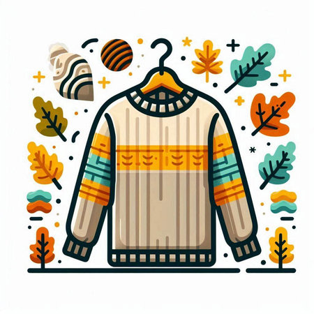 Winter sweater and autumn leaves. Vector illustration in doodle style.のイラスト素材