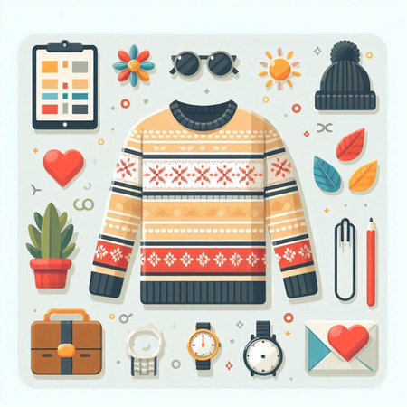 Vector illustration of winter clothes and accessories. Knitted sweater, sunglasses, hat, watch, bag, alarm clock, coffee cup, phone, heart. Flat style.のイラスト素材