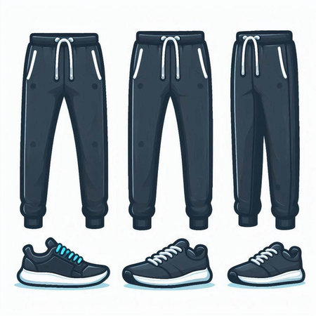 Set of black sportswear, sneakers and pants. Vector illustrationのイラスト素材