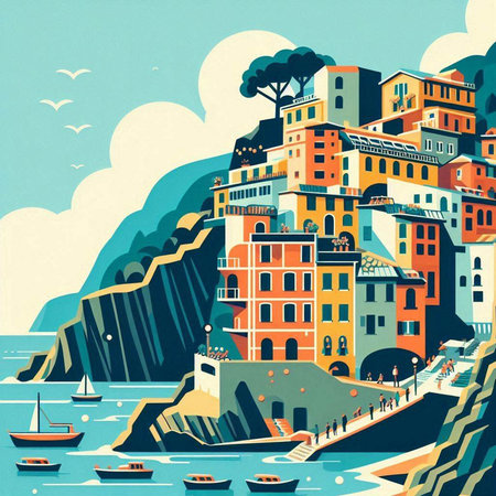 Vintage style vector illustration of Riomaggiore, Italyのイラスト素材