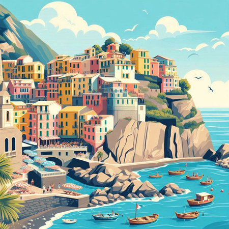 Beautiful colorful houses on the coast of the Italian Riviera.のイラスト素材