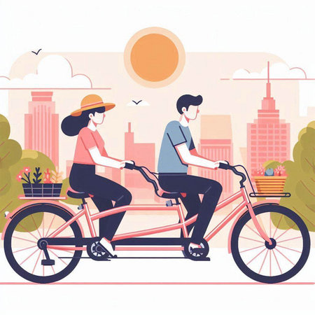 Young couple riding bicycle in the city. Vector illustration in flat styleのイラスト素材