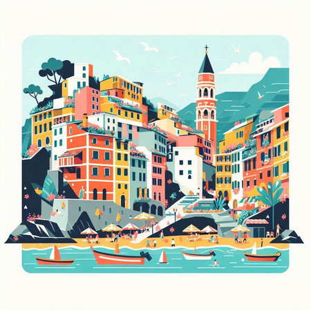 Colorful vector illustration of Riomaggiore in Cinque Terre, Italyのイラスト素材