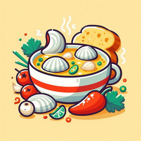 Illustration of a bowl of fish soup with vegetables and bread.のイラスト素材
