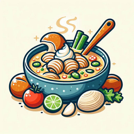 Vector illustration of a bowl of noodle soup with chopsticks and vegetablesのイラスト素材