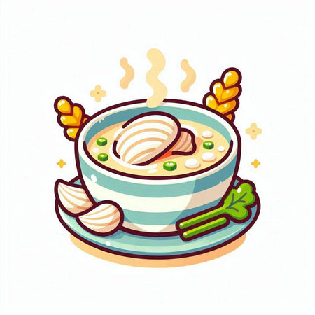 Illustration of a bowl of soup with chicken and vegetables. Vector illustration.のイラスト素材