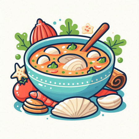 Vector illustration of a bowl of soup with dumplings and vegetablesのイラスト素材