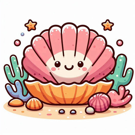 Cute cartoon seashell on the coral reef. Vector illustration.のイラスト素材