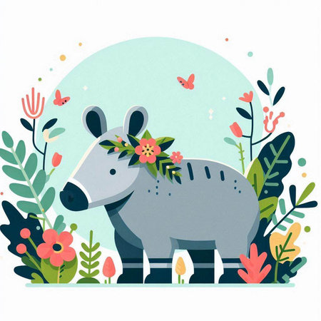 Illustration of a cute cartoon zebra with floral wreath.のイラスト素材