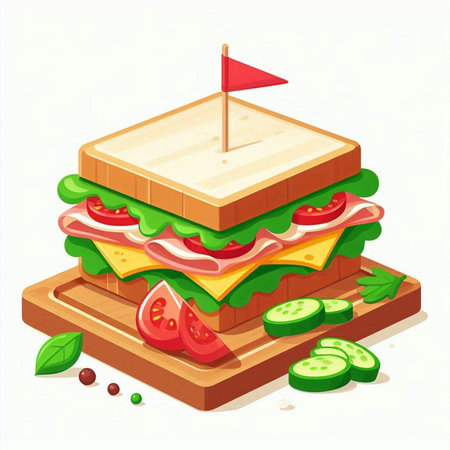 Sandwich with ham, cheese, tomato and cucumber. Vector illustration.のイラスト素材