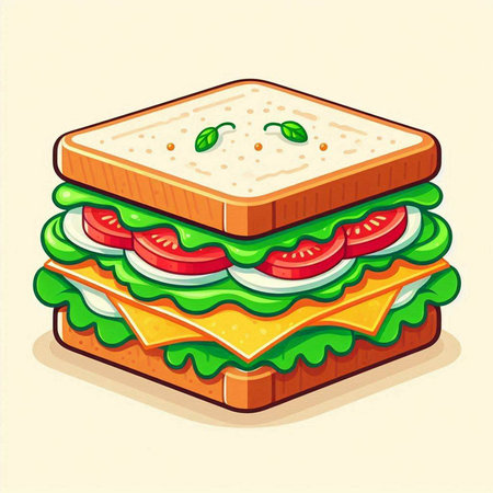 Sandwich with cheese, tomato, cucumber and lettuce. Vector illustration.のイラスト素材